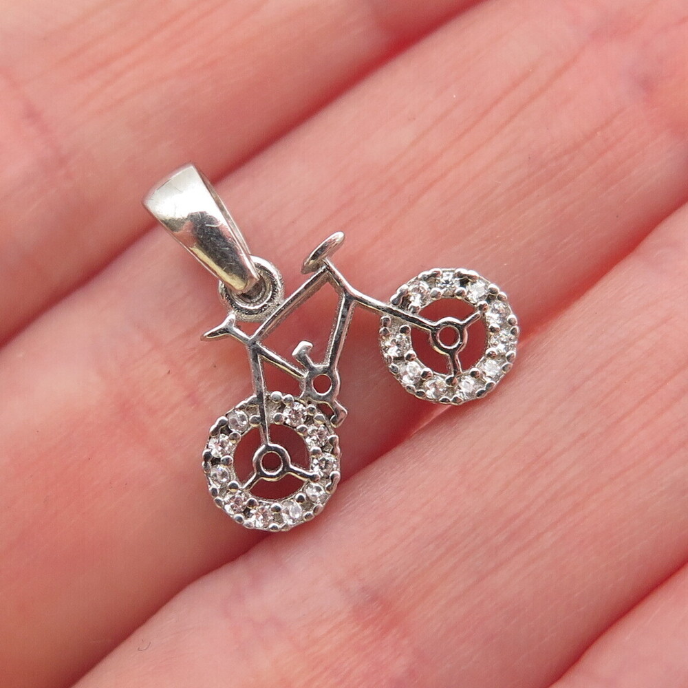 925 Sterling Silver Round-Cut C Z Bicycle Mini Charm Pendant